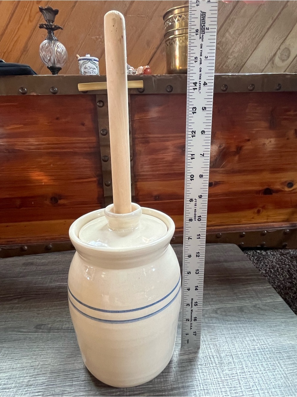 Marshall Pottery signed Stoneware Butter Churn Jar with Wooden Plunge.Blue/cream